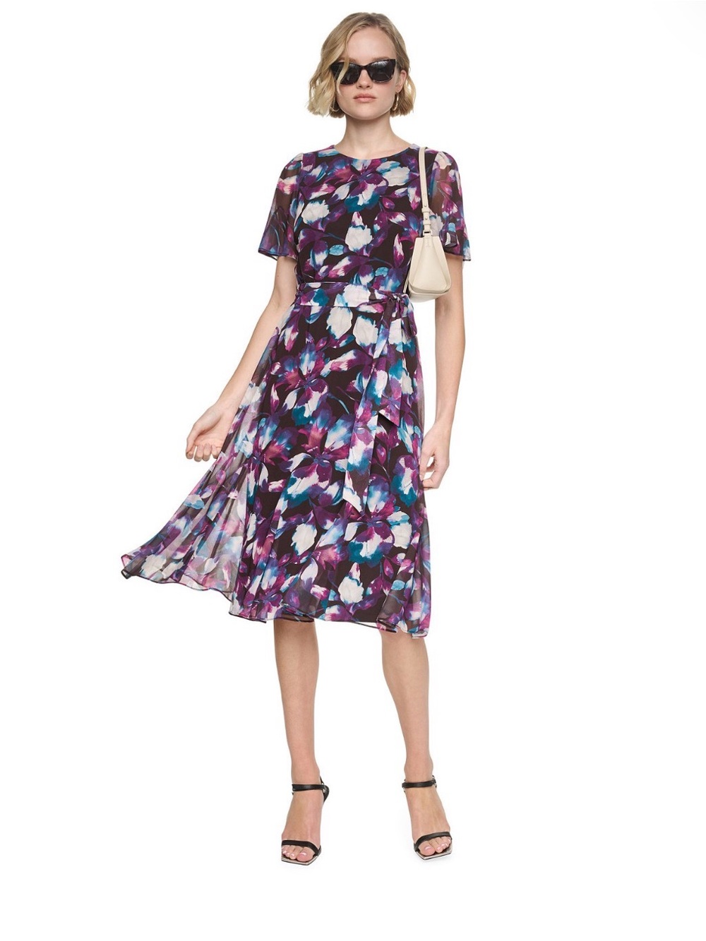 DKNY Purple Floral Midi Dress with Teal & White Accents
